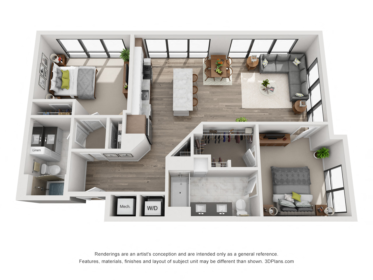 Floor plan for 2 beds, 2 baths, 1152 sqft